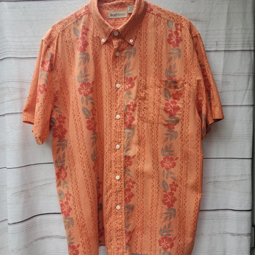 RuffHewn Mens Orange Tropical Hibiscus Floral Tribal Print Button Down Shirt L